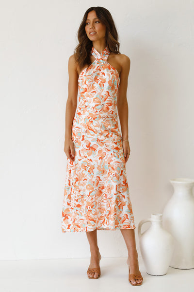 Orange Floral Crossover Midi Dress