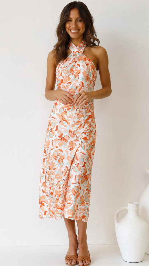 Orange Floral Crossover Midi Dress