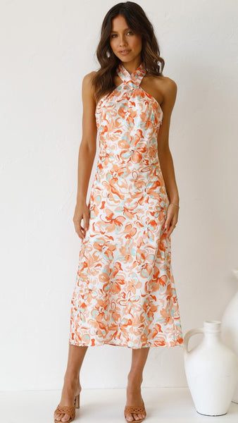 Orange Floral Crossover Midi Dress