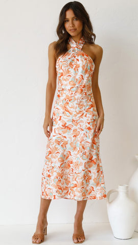 Orange Fldoral Crossover Halter Midi Dress