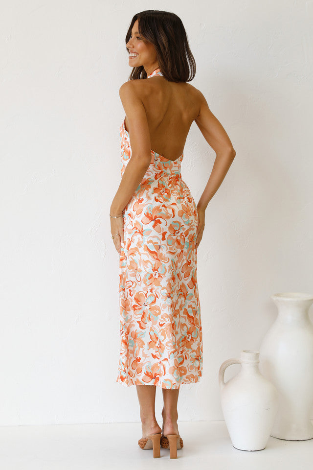 Orange Floral Crossover Midi Dress