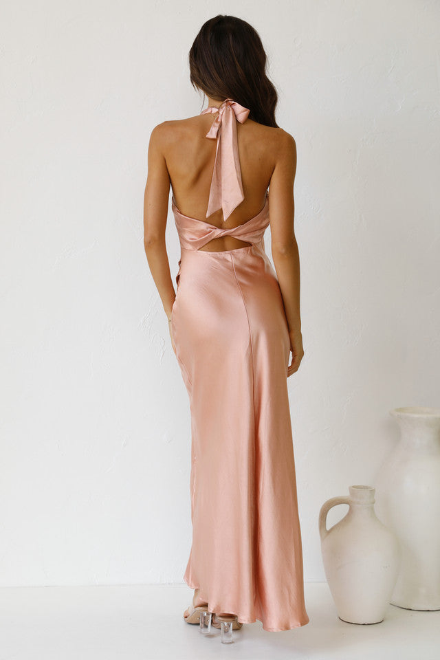 Pink Backless Halter Midi Dress