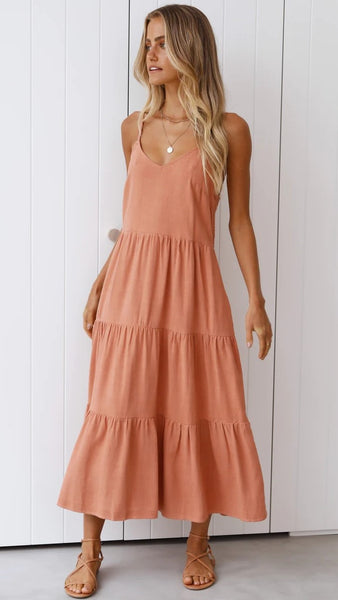 Blush Pink Slip Tiered Midi Dress