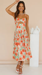 Orange Floral Cutout Slip Midi Dress