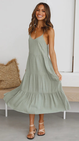 Sage Green Slip Tiered Midi Dress