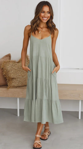 Sage Green Slip Tiered Midi Dress