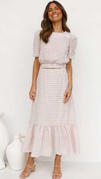 Khaki Gingham Print Midi Skirts