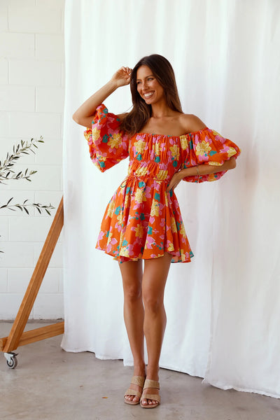 Orange Floral Off Shoulder Mini Dress