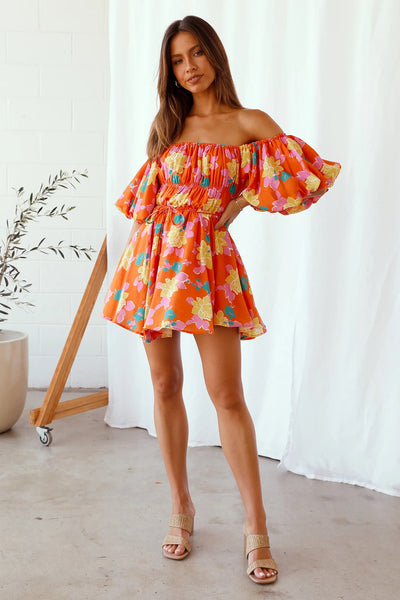 Orange Floral Off Shoulder Mini Dress