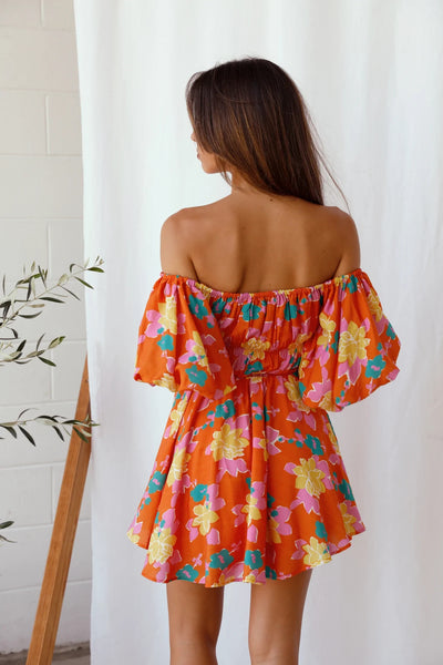 Orange Floral Off Shoulder Mini Dress