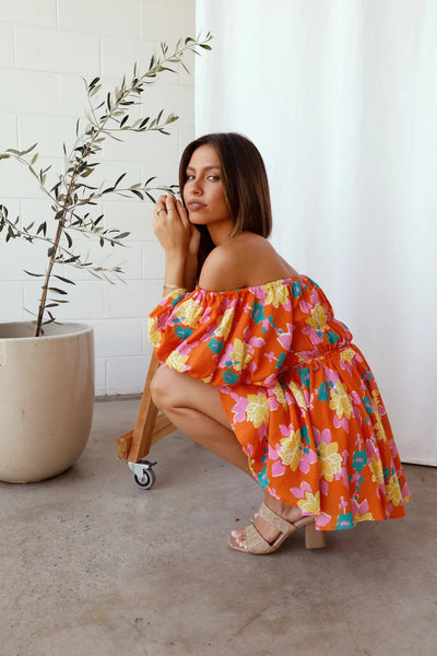 Orange Floral Off Shoulder Mini Dress