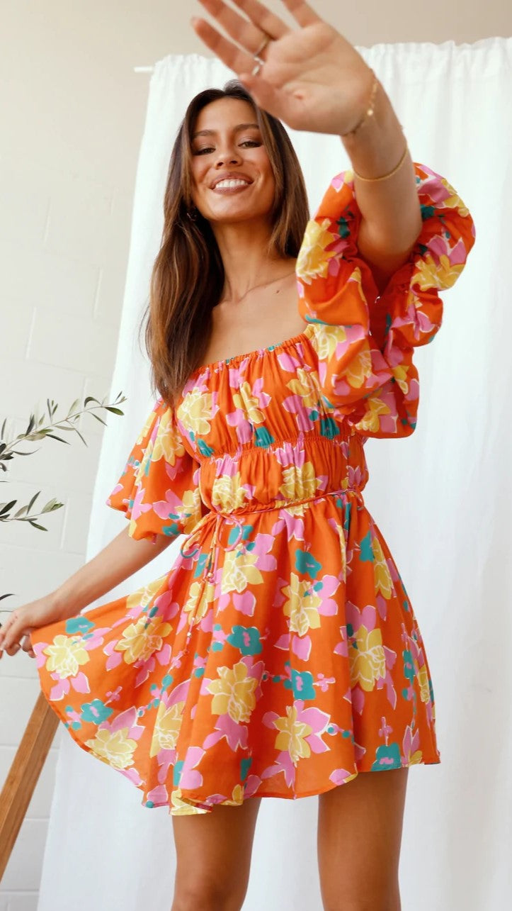Orange Floral Off Shoulder Mini Dress