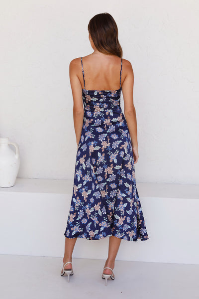 Navy Floral Bowknot Slip Midi Dress