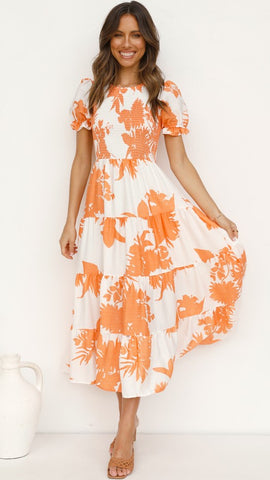 Maple Leaves Print Midi Dress