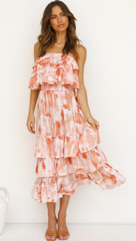 Orange Floral Bandeau Midi Dress