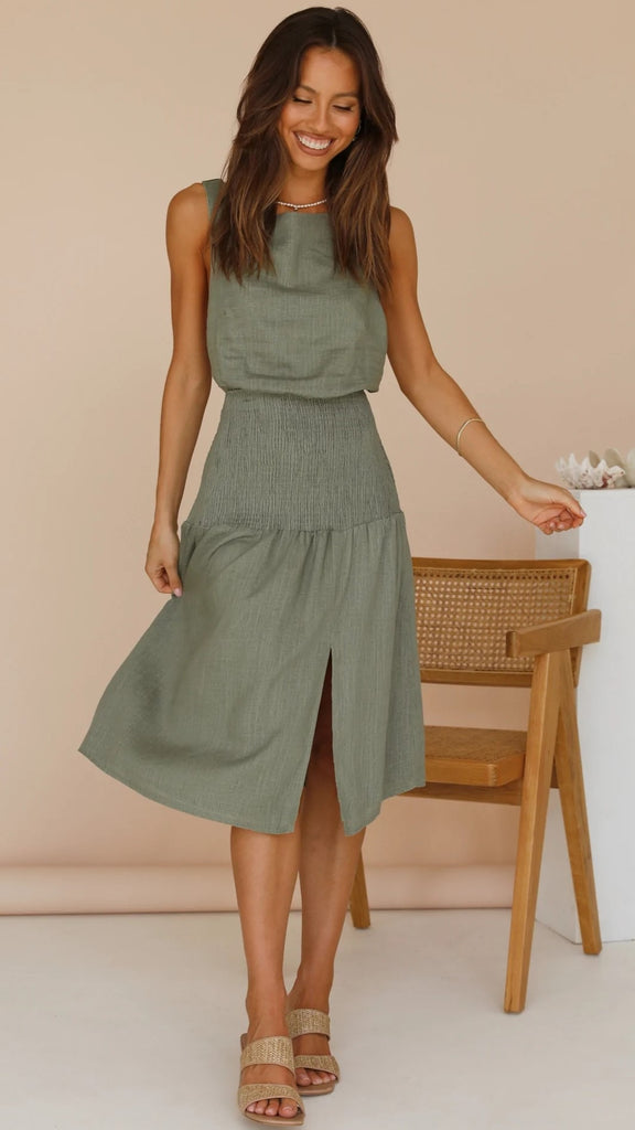 Olive Green Smocked Midi Dress Gabi Swimwear Olive Green Smocked Midi Dress Gabi Swimwear