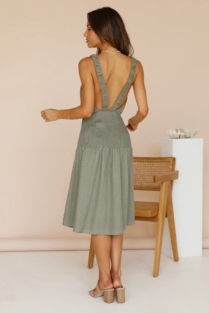 Olive Green Smocked Midi Dress Gabi Swimwear Olive Green Smocked Midi Dress Gabi Swimwear