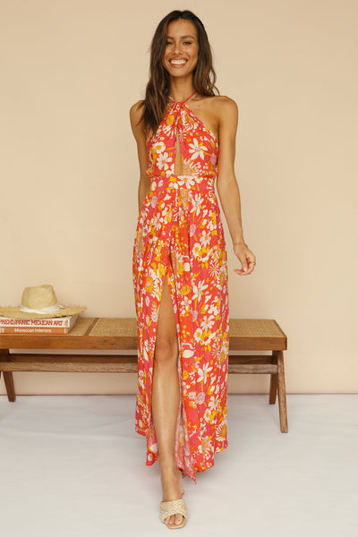 Orange Floral High Slit Backless Dress