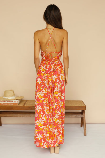 Orange Floral High Slit Backless Dress