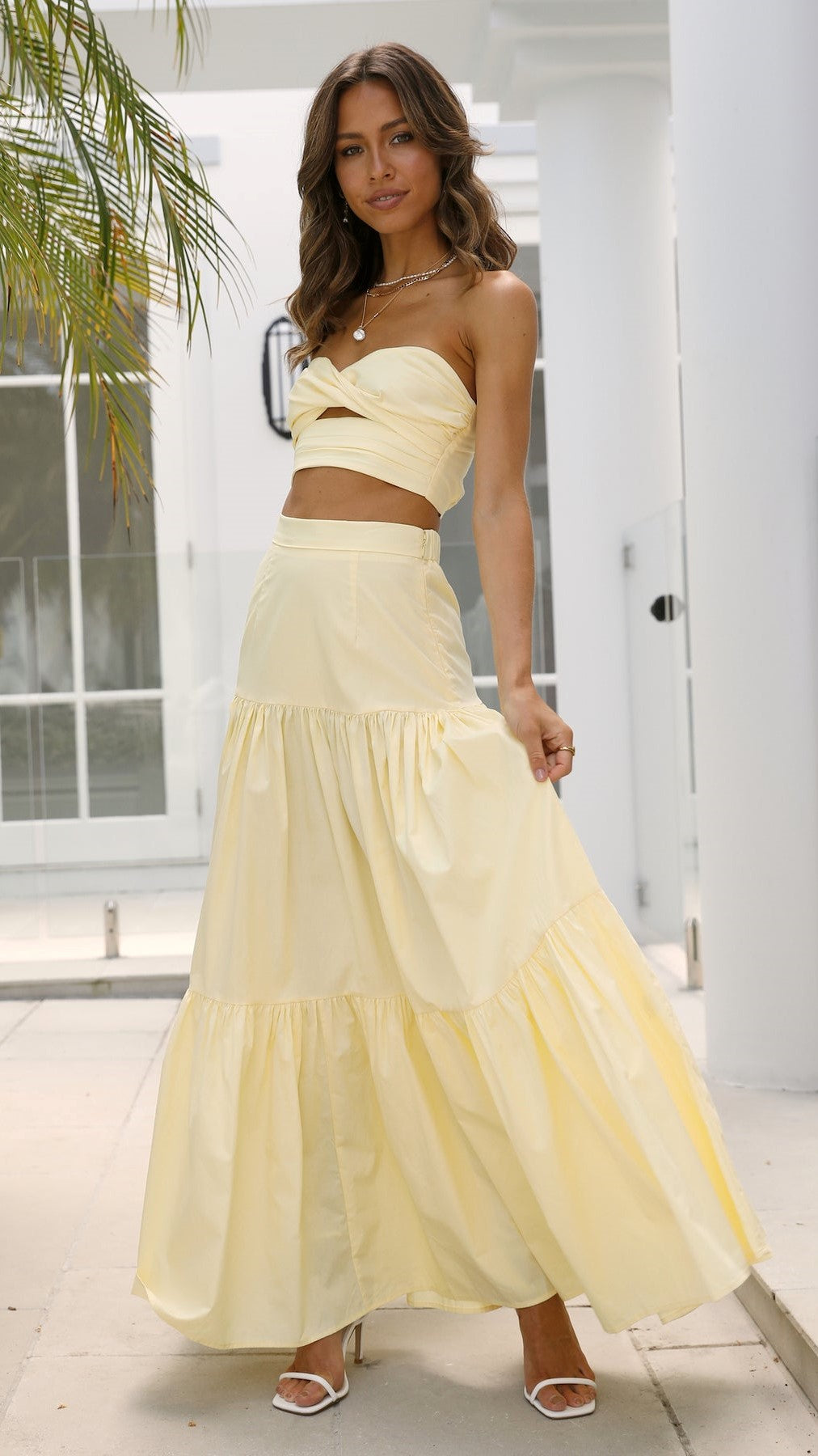 Yellow Off Shoulder Top and Skirt Sets
