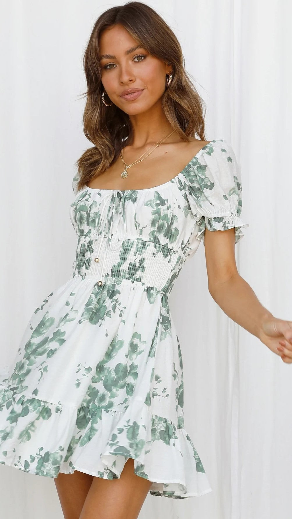 Olive Floral Print Mini Dress