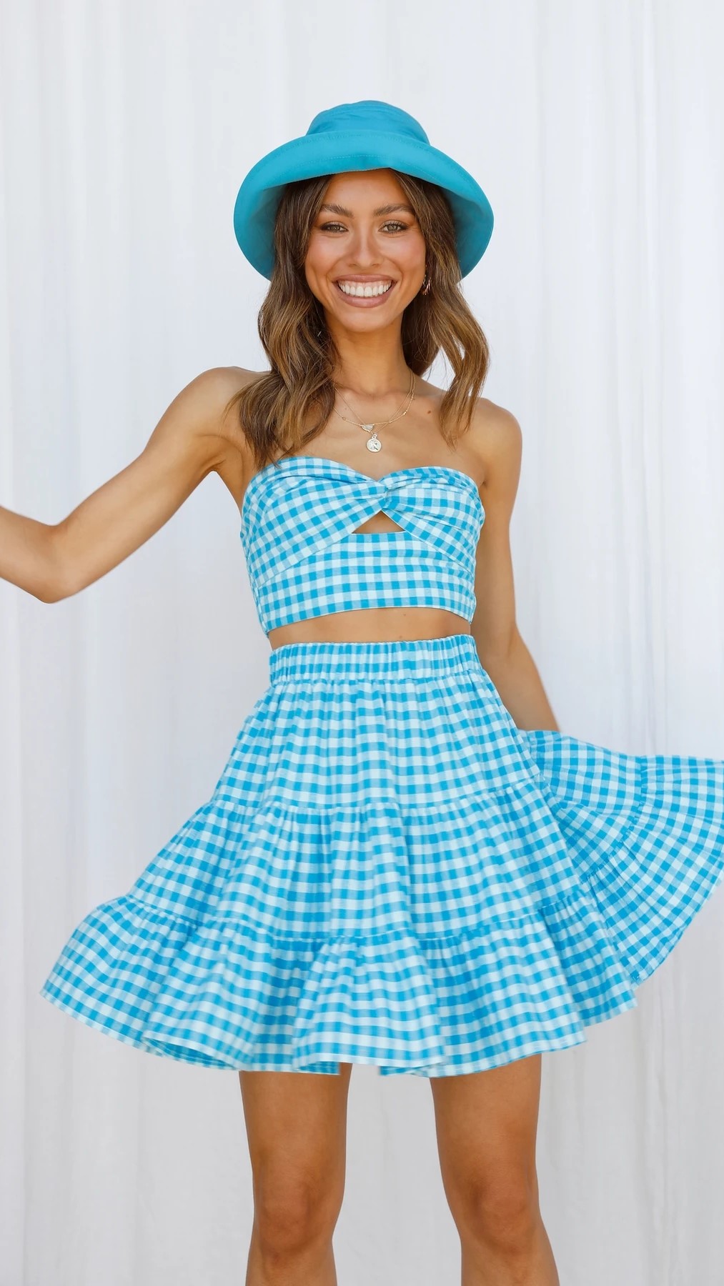 Blue Plaid Print Crop Top and Skirt Sets