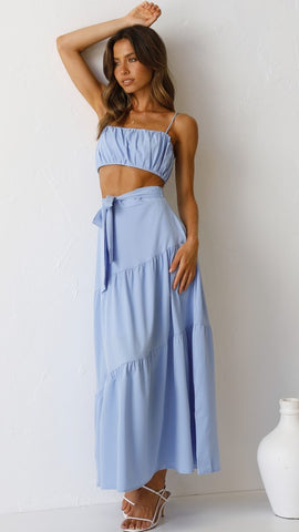 Blue Waist Tie Midi Skirts