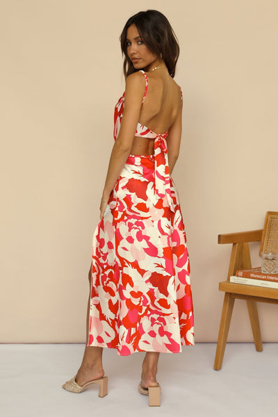 Red Abstract Print Midi Dress