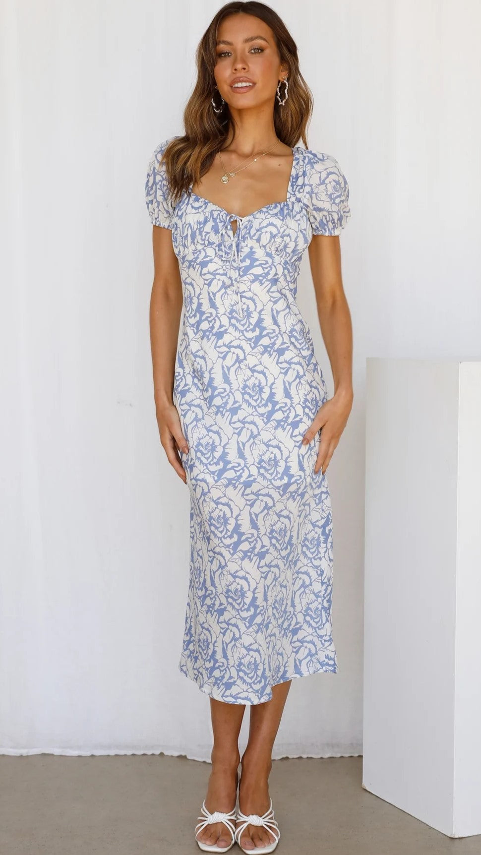 Blue Floral Silhouette Midi Dress