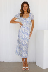 Blue Floral Silhouette Midi Dress