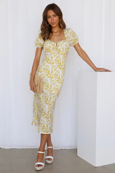 Yellow Floral Print Midi Dress