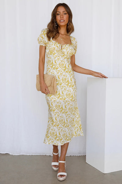 Yellow Floral Print Midi Dress