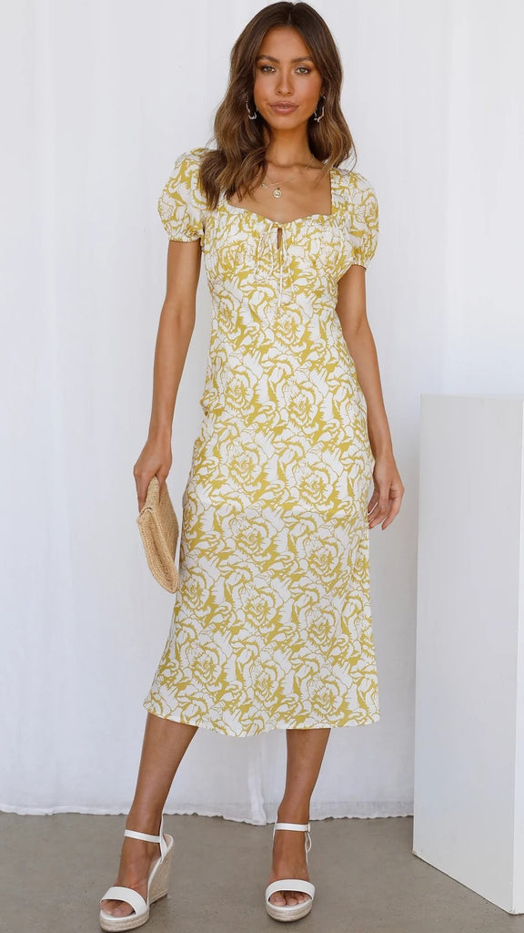 Yellow Floral Print Midi Dress