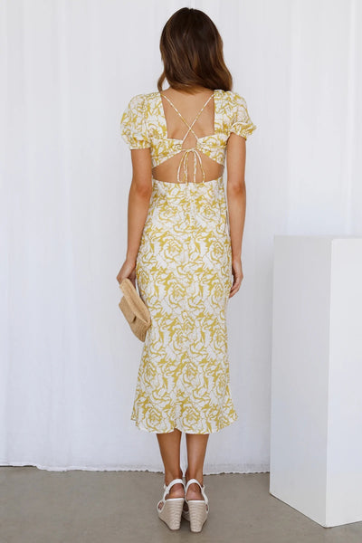 Yellow Floral Print Midi Dress
