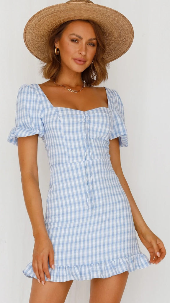 Blue Plaid Print Mini Dress Gabi Swimwear Blue Plaid Print Mini Dress Gabi Swimwear