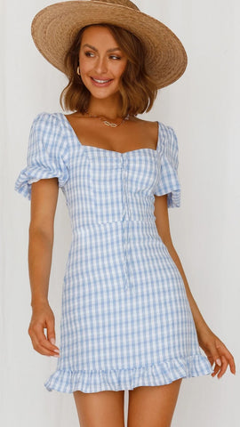 Blue Plaid Print Mini Dress