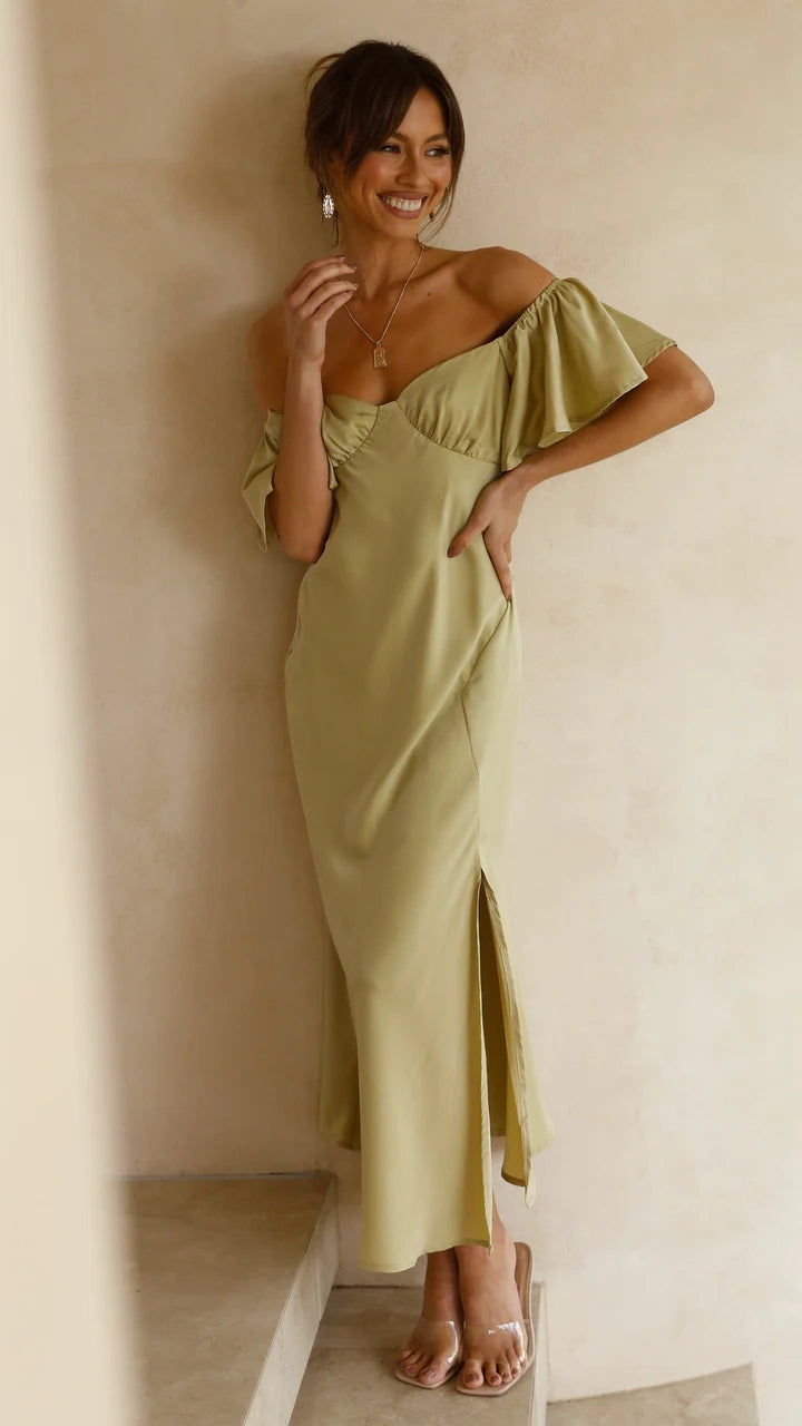 Olive Green Off Shoulder Midi Dress