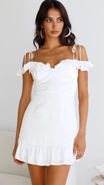 White Off Shoulder Self Tie Dress