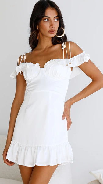 White Off Shoulder Self Tie Dress