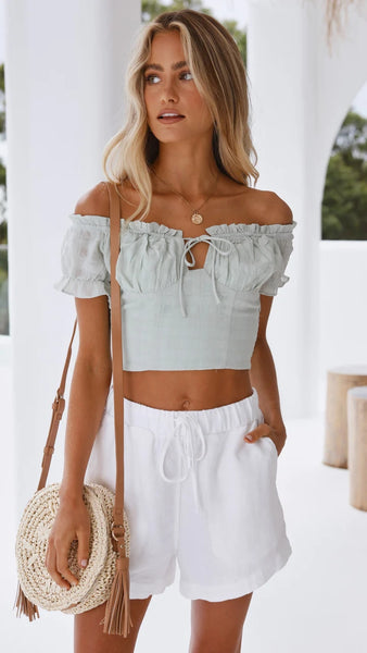 Green Front Tie Off Shoulder Crop Top