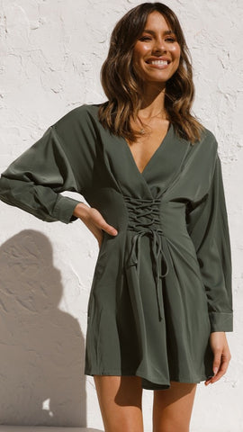 Deep Green Long Sleeves Mini Dress