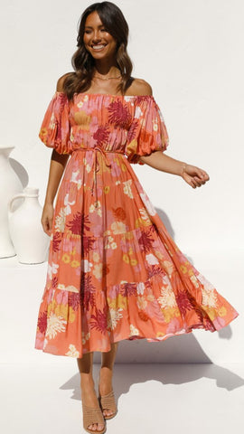 Orange Floral Off Shoulder Dress