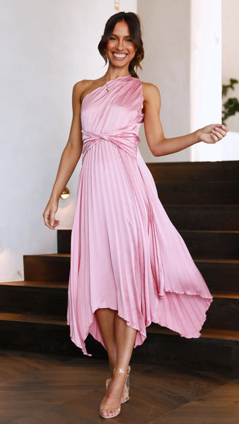 Blush Pink One Shoulder Midi Dress