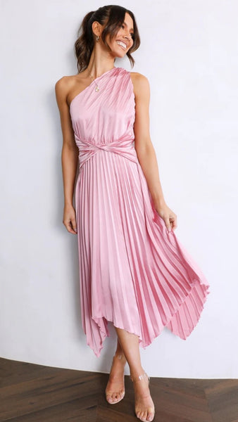 Blush Pink One Shoulder Midi Dress