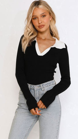 Black Contrast Collar Knit Sweater