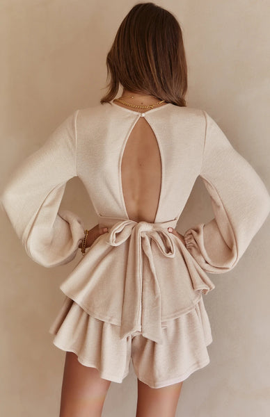 Beige Long Sleeves Knit Romper