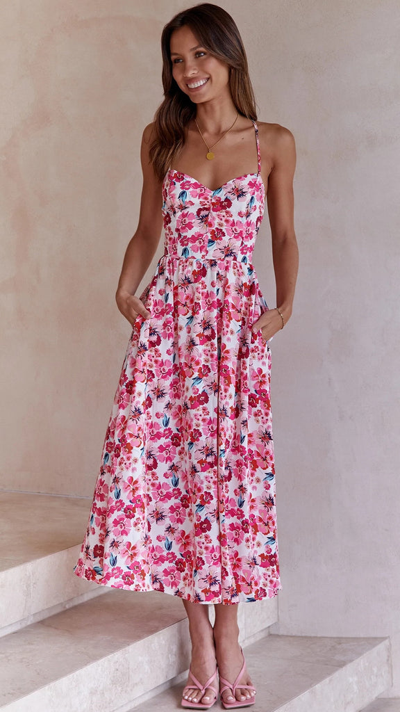 Pink Floral Backless Slip Midi Dress Gabi Swimwear Pink Floral Backless Slip Midi Dress Gabi Swimwear