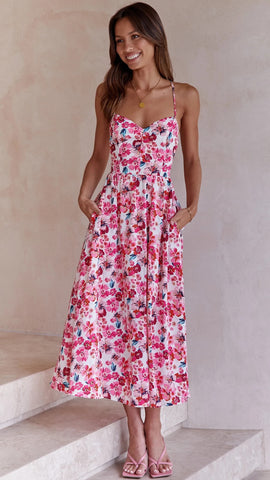 Pink Floral Backless Slip Midi Dress