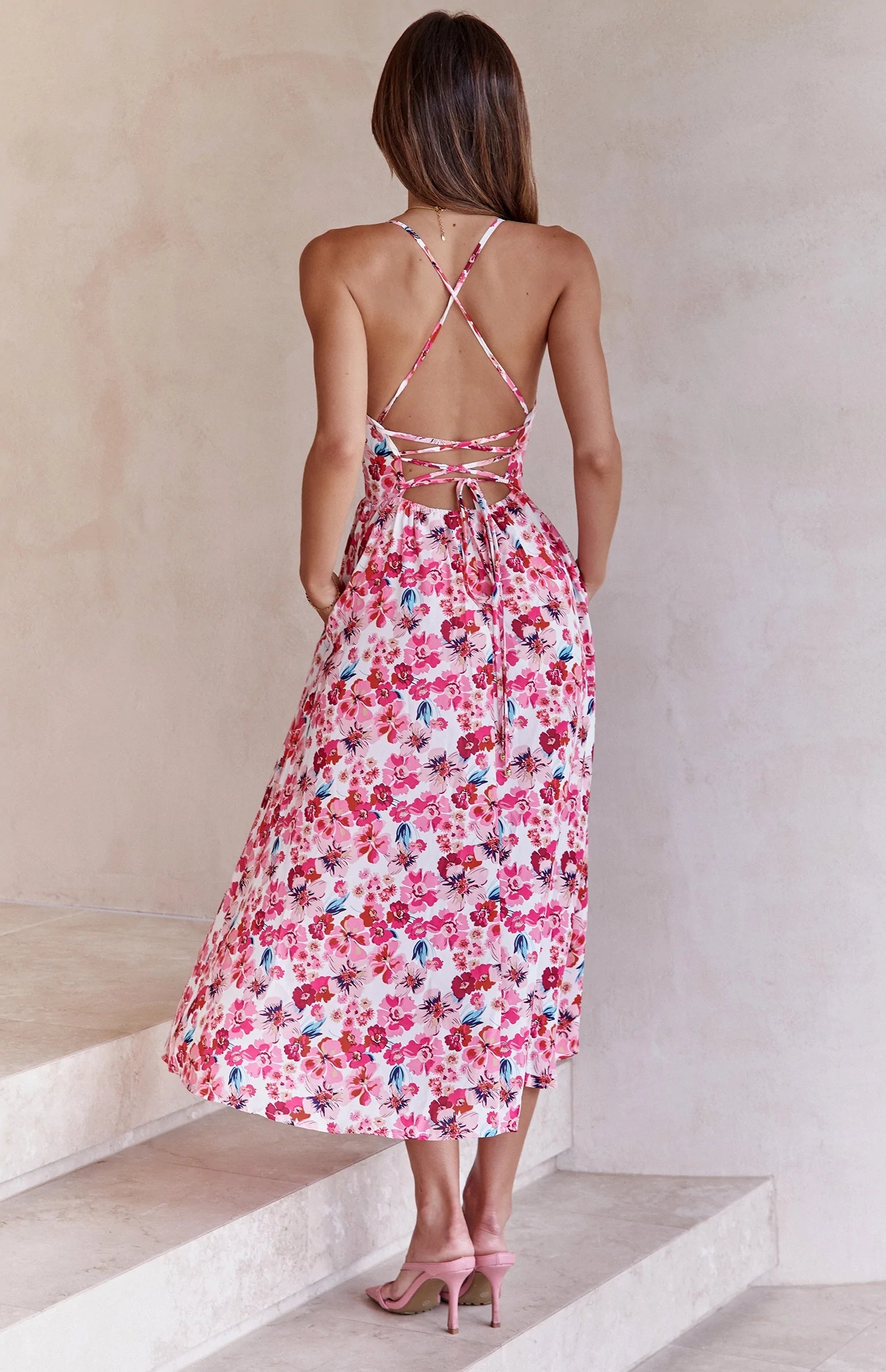 Pink Floral Backless Slip Midi Dress