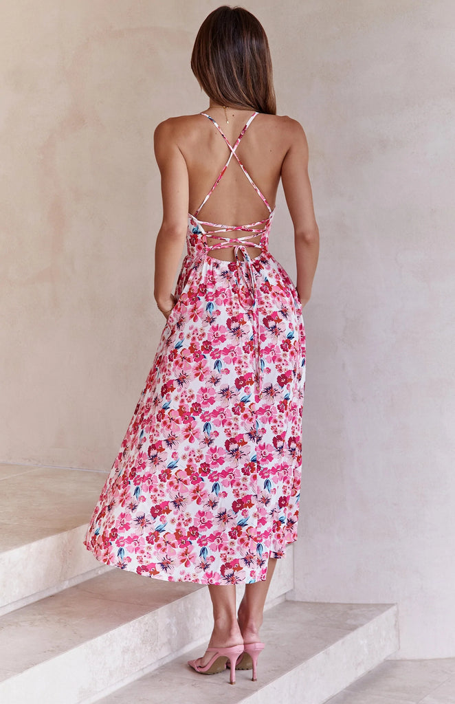 Pink Floral Backless Slip Midi Dress Gabi Swimwear Pink Floral Backless Slip Midi Dress Gabi Swimwear